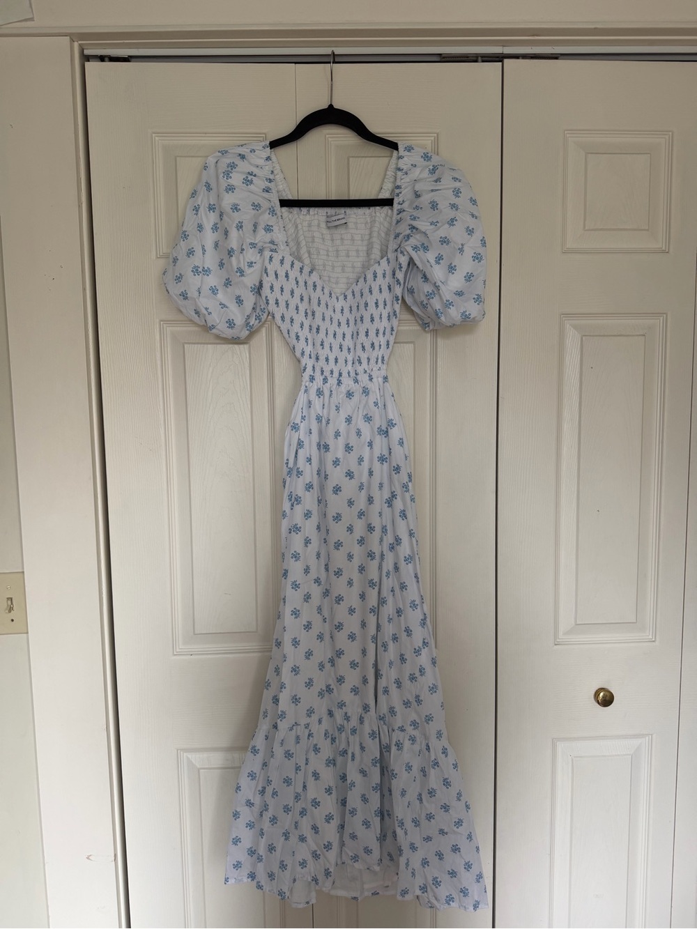 Faithfull the Brand White Maxi Dress with Blue Floral Print